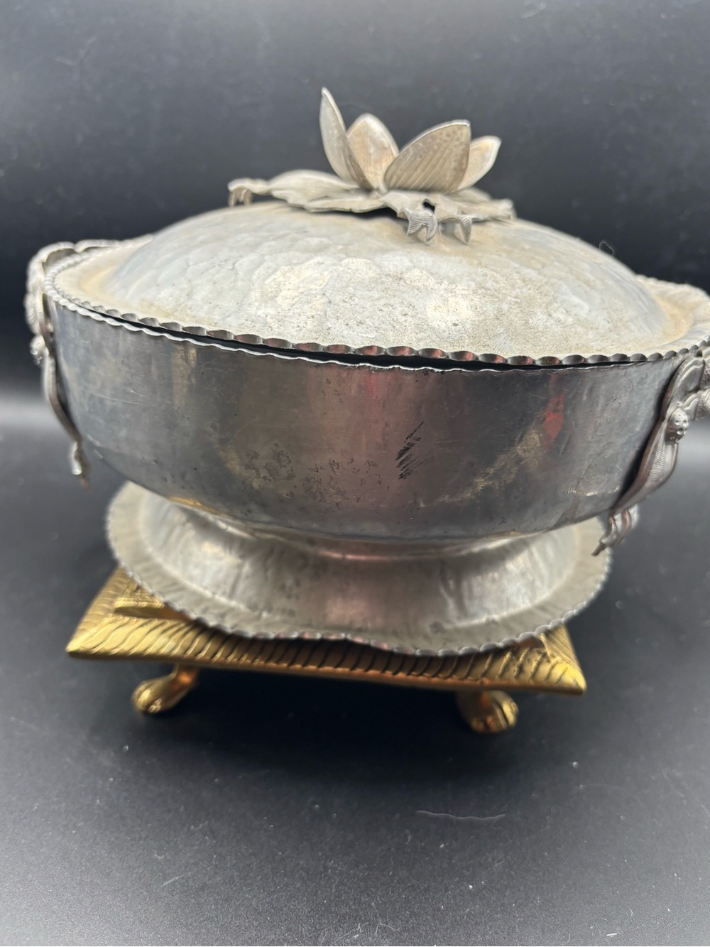 Aluminum Hammered Silver-Tone Lidded Bowl with Floral Finial - Picture 3 of 10